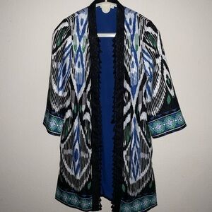 Chico's Kimono 40th Anniversary Border Tassel Ikat Boho Size 4-Small (Chico's 0)